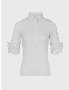 White Jersey Pullover with 3-D Poplin Flower Sleeves