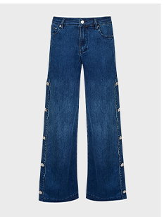 Wide-Leg Side-Snap Denim with Crystal Buttons