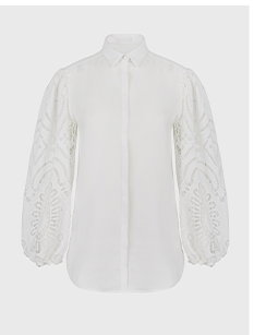 White Crepe Shirt with Eyelet Lace Sleeves