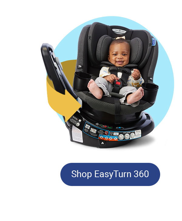 A baby sitting in a car seat with a rotating arrow. Below is a button labeled shop EasyTurn 360.