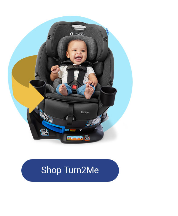 Smiling baby seated in a Graco car seat with a blue Shop Turn2Me button below.