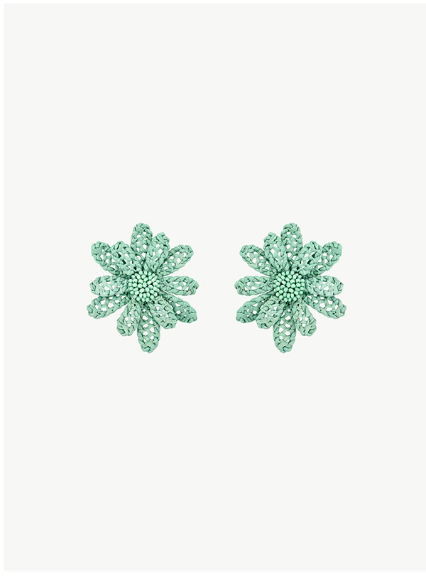 Large Woven Raffia Flower Earrings - Mint