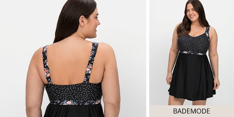 Schwarzes Badekleid mit gepunktetem Oberteil und geblümten Trägern und Taillenband und link in die Bademode