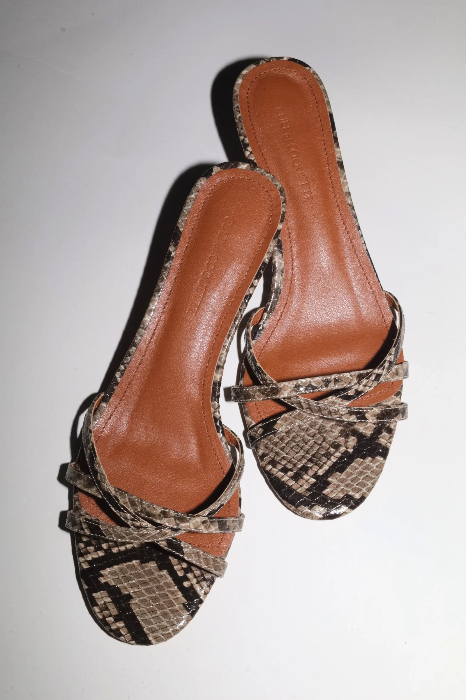 Image of Romy Beige Snake Strappy Kitten Mules 40 mm