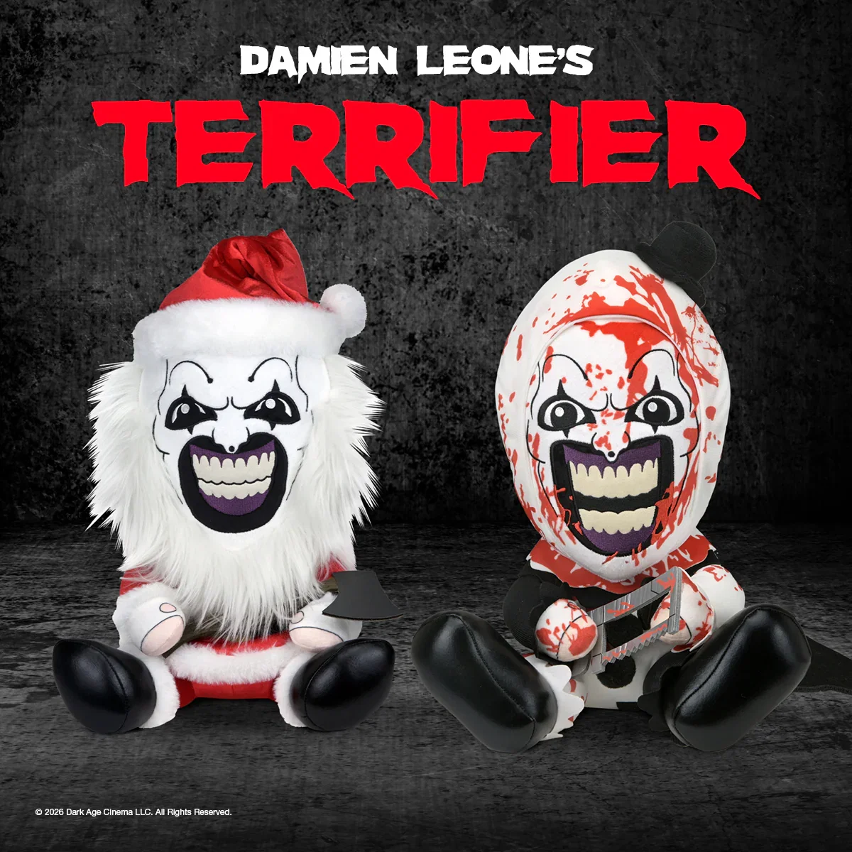 Image of Terrifier 3 - Bloody & Santa Suit Art the Clown Large Plush Bundle (PRE-ORDER)