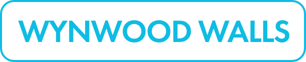 Rectangular graphic featuring the words WYNWOOD WALLS in bold turquoise lettering on a white background. The text is centered within a rounded rectangle outlined in the same turquoise color. The design is clean and minimal, emphasizing legibility and modern style. The overall look suggests a contemporary, urban art destination or signage.