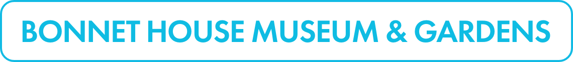 Rectangular banner featuring the text BONNET HOUSE MUSEUM & GARDENS in all caps. The white lettering is centered on a bright turquoise background with rounded corners. A thin turquoise outline frames the banner, giving it a clean and modern look. The design is simple and highly legible, suitable for web or print use.