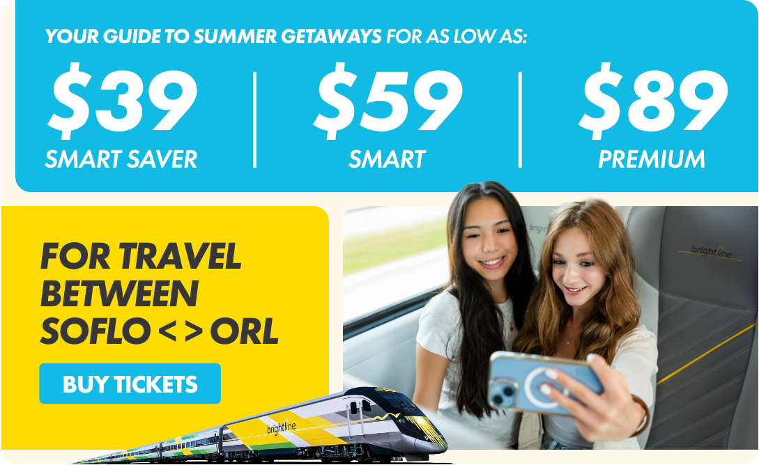 Promotional graphic advertising summer getaway train fares with large prices of $39, $59, and $89 for different ticket tiers. The text highlights travel between SOFLO and ORL and encourages viewers to buy tickets. On the right, two young women sit together on a modern train seat, smiling and taking a selfie with a smartphone. A bright yellow and blue train is shown at the bottom, reinforcing the rail travel theme and energetic color palette.