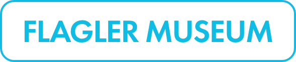 Rectangular graphic featuring the words FLAGLER MUSEUM in bold turquoise letters on a white background. The text is centered within a rounded rectangle outlined in turquoise. The design is clean and minimal, emphasizing the museum name. The bright blue color creates a modern, inviting feel suitable for signage or digital use.