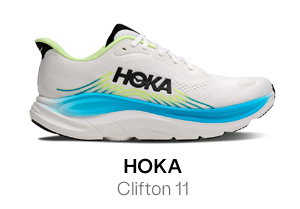 HOKA Men's Clifton 11 Sneakers in White/Blue/Neon Green