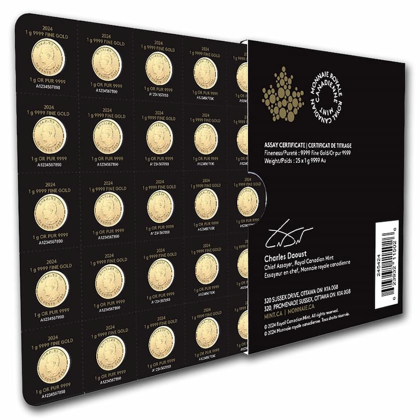 Maplegram25 - 25 x 1 gram Gold Maple Leafs in assay sleeve