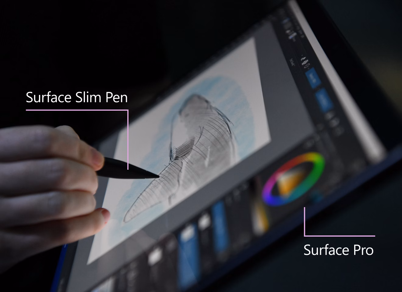 Close-up of a person using a Surface Slim Pen to sketch a digital drawing on a Surface Pro tablet.