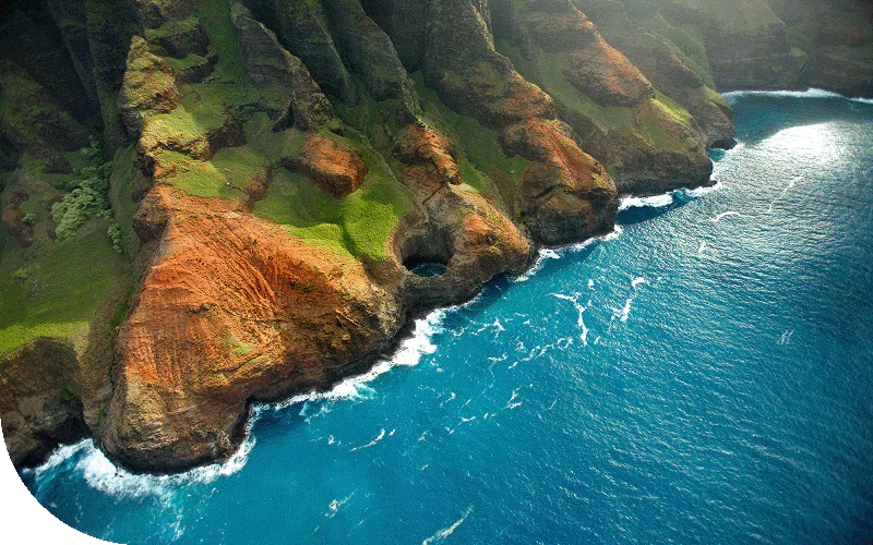 An aerial view of the Kauai coastline.