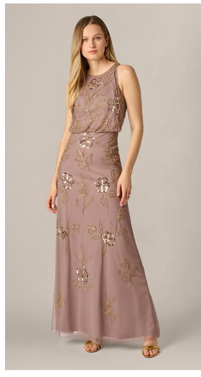 Sleeveless Floral Beaded Sequin Blouson Gown In Stone
