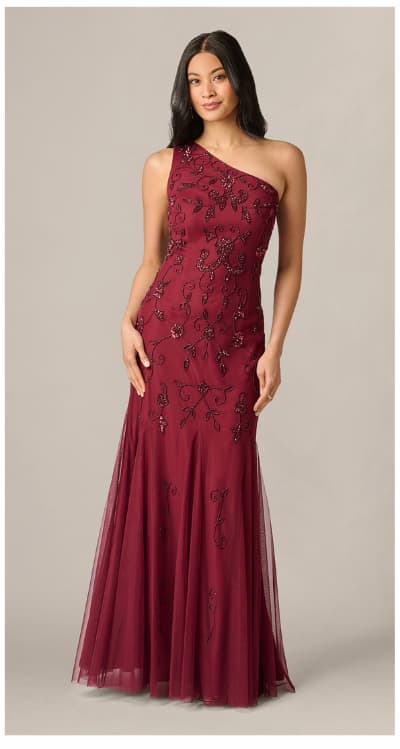 One Shoulder Scroll Floral Beaded Godet Gown In Mahogany