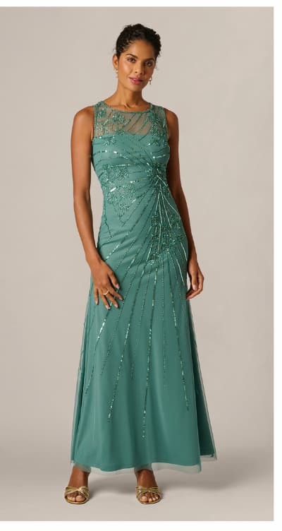 Floral Beaded Illusion Mermaid Gown In Green Slate