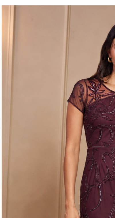 Short Sleeve Beaded Illusion Sheath Dress In Night Plum