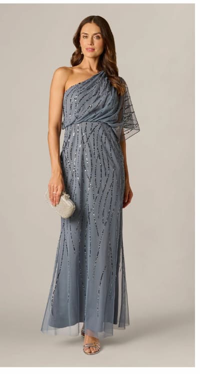 Draped One Shoulder Dress With Sequin Detail In Dusty Blue