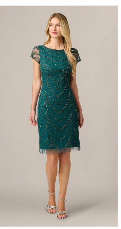 Deco Beaded Cocktail Dress With Sheer Cap Sleeves In Gem Green