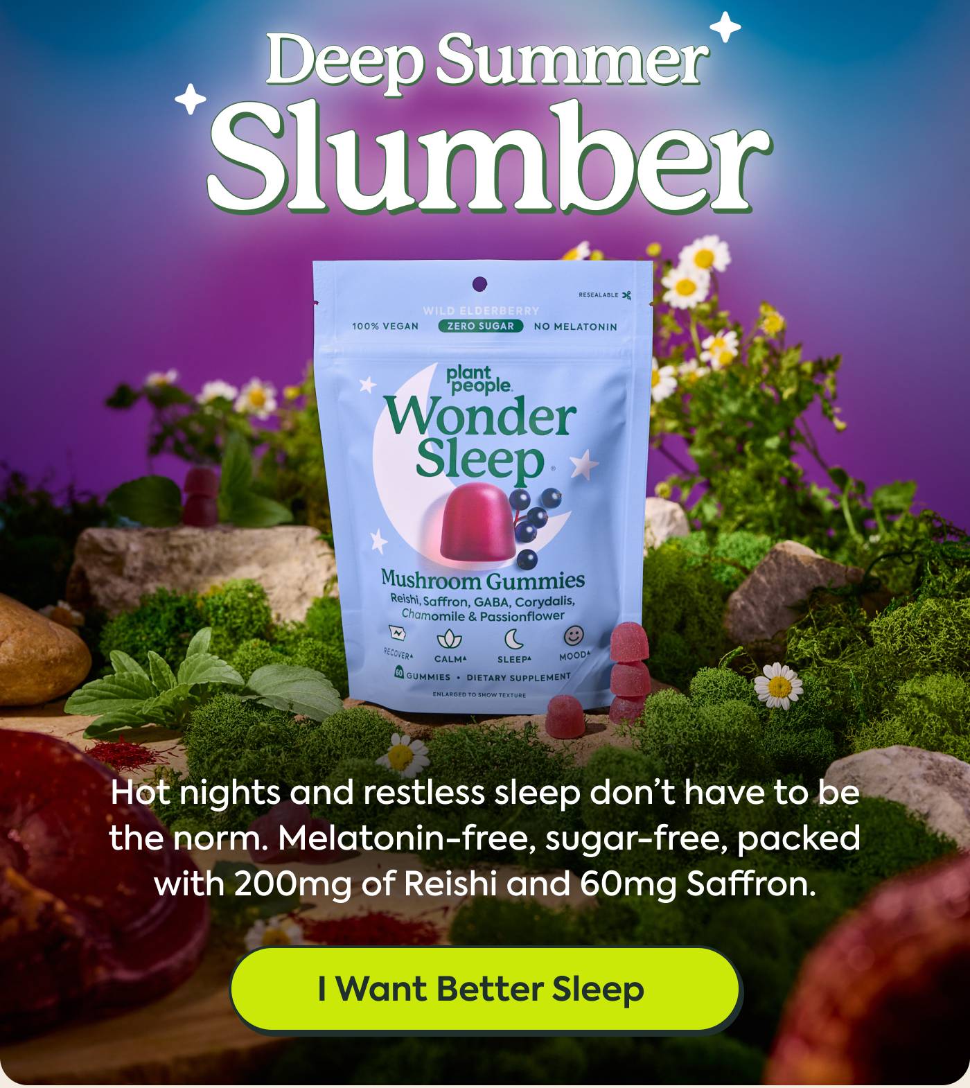 Deep Summer Slumber | Hot nights and restless sleep don’t have to be the norm. Melatonin-free, sugar-free, packed with 200mg of Reishi and 60mg Saffron. | I Want Better Sleep