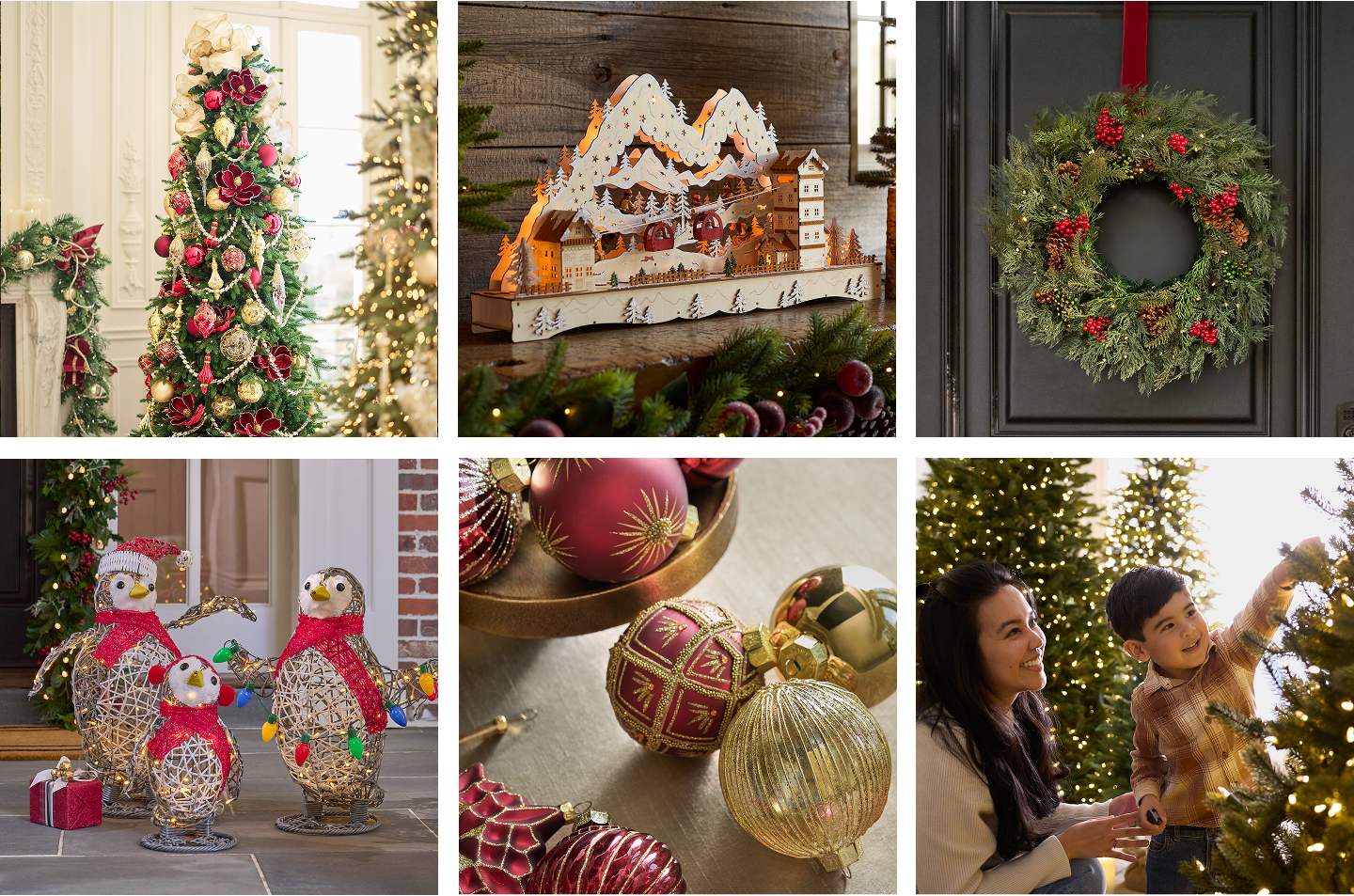 Customer holiday photos featuring decorated Christmas trees, festive wreaths, ornaments, lighted outdoor décor, and families celebrating the season.