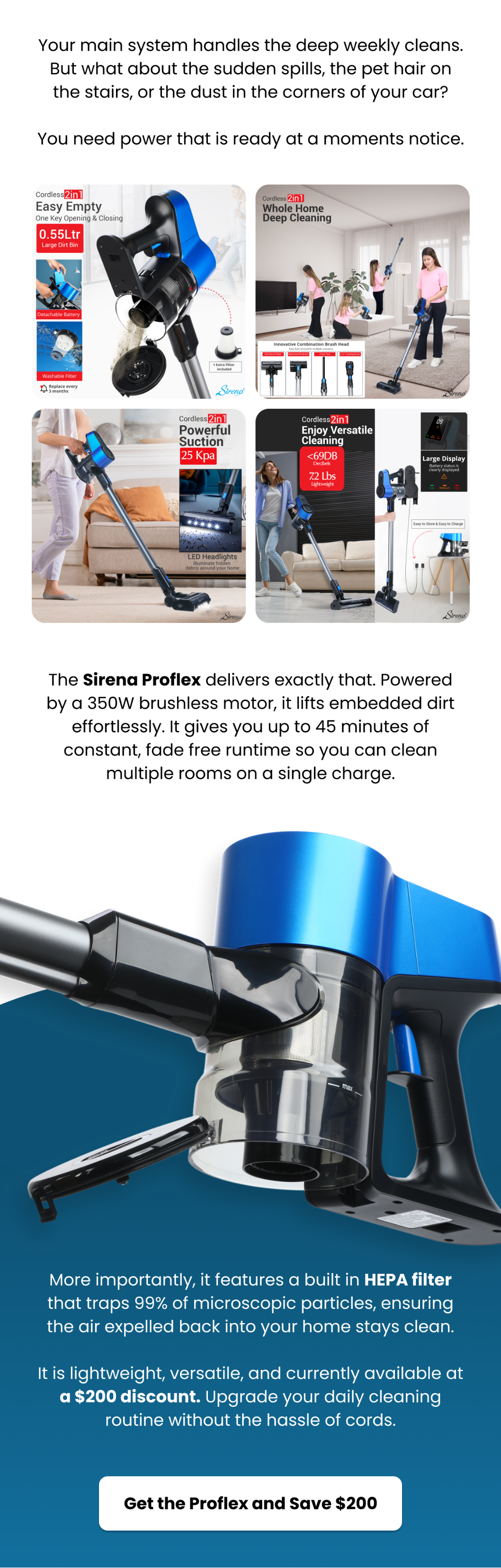 Sirena ProFlex Cordless Stick Vacuum