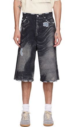 Black Distorted Print Distressed Denim Shorts - CAMPERLAB