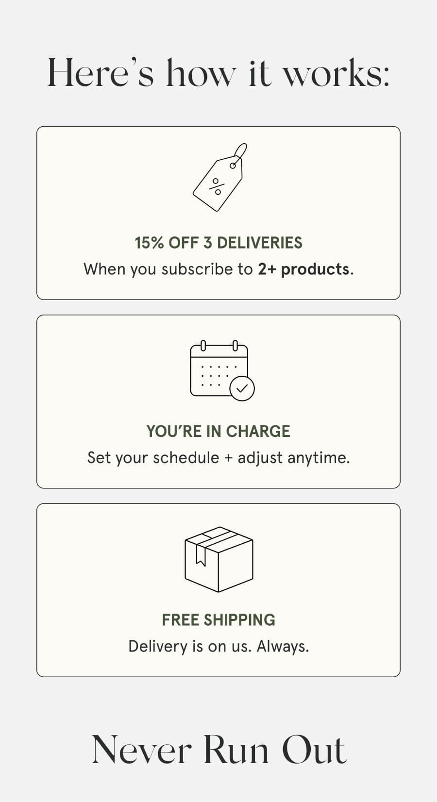 Here’s how it works: 15% OFF 3 DELIVERIES When you subscribe to 2+ products. YOU’RE IN CHARGE Set your schedule + adjust anytime. FREE SHIPPING Delivery is on us. Always. Never Run Out
