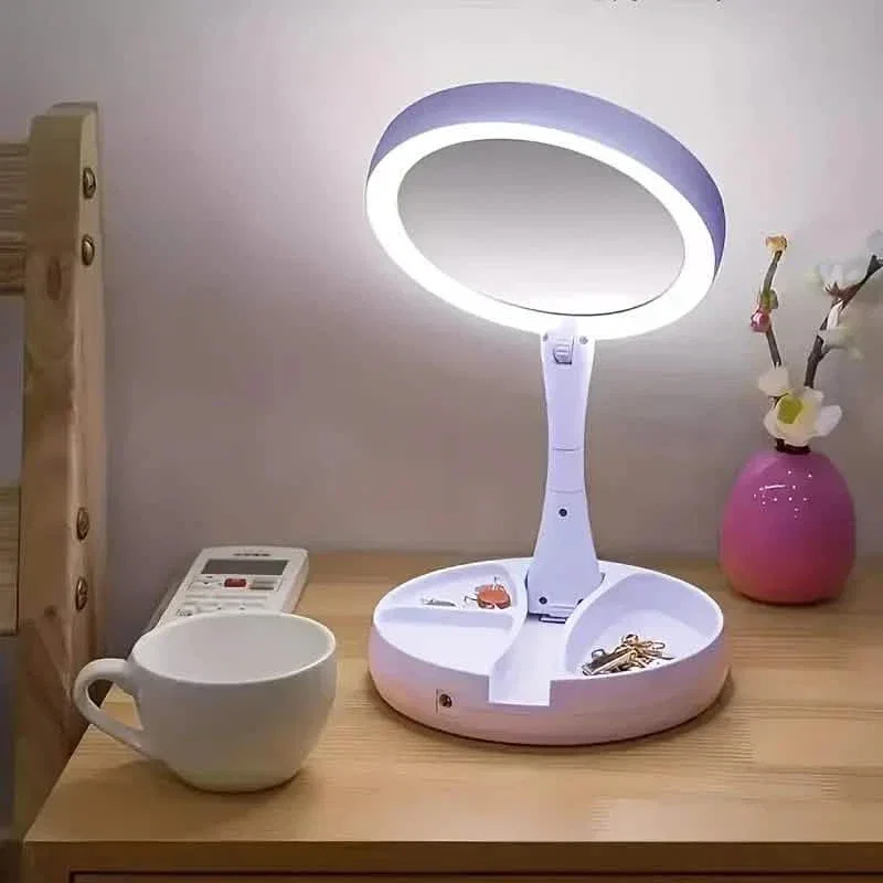 Image of Foldable LED Vanity Mirror With Storage Box, Double-sided 1X & 10X Magnifying Retractable Mirror