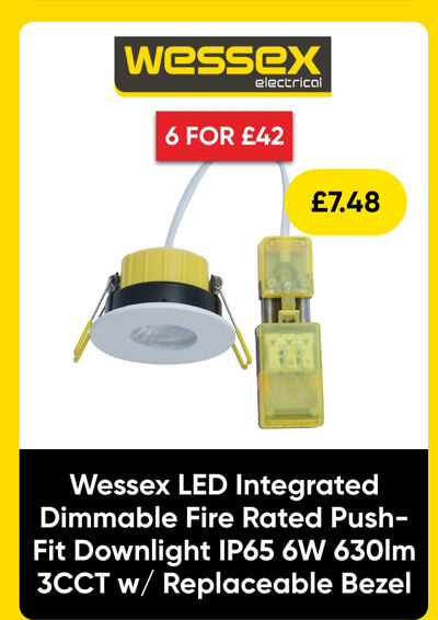 Wessex LED Integrated Dimmable Fire Rated Push-Fit Downlight IP65 6W 630lm 3CCT w/ Replaceable Bezel