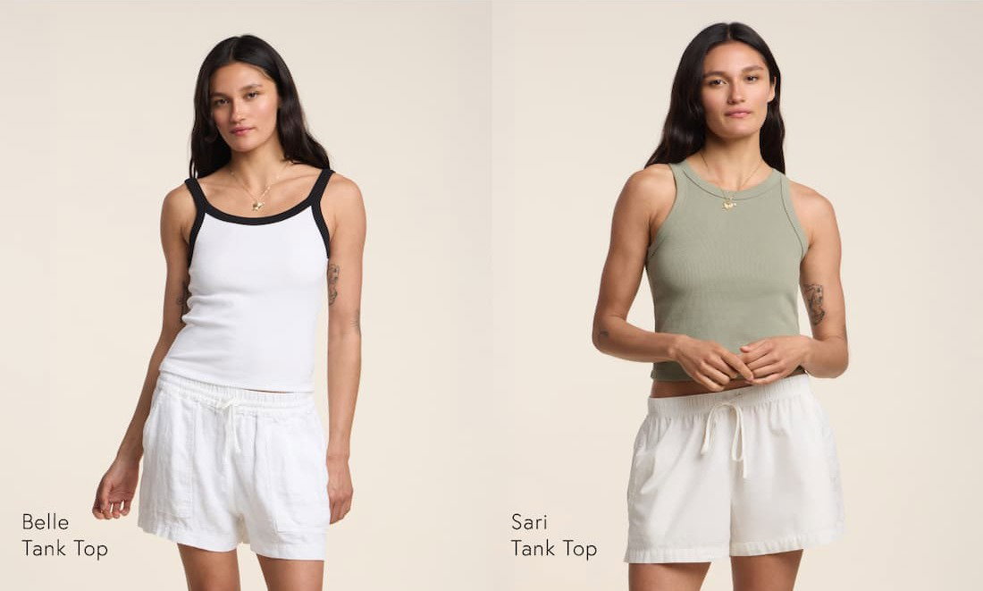 Image shows a model wearing the Belle Top in White/Black. Image shows a model wearing the Sari Top in Axe. Text reads: Pairing Trend: Ribbed Cotton. Thoughtfully paired, cotton poplin and ribbed cotton bring out the best in one another. One offers crisp structure, the other soft texture—together creating the perfect balance.