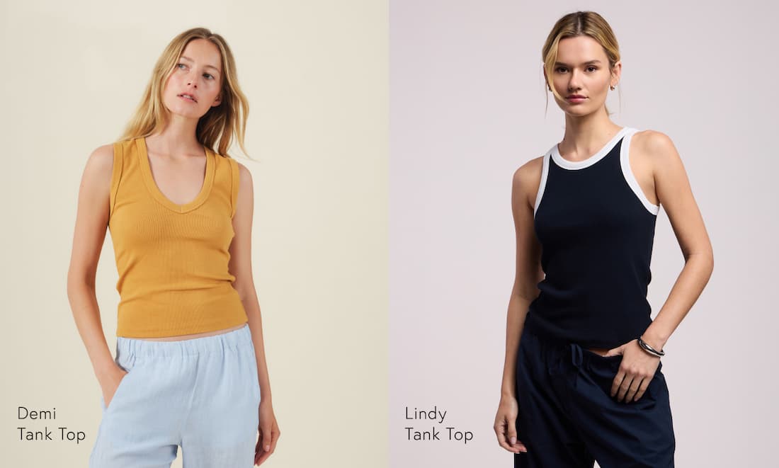 Image shows a model wearing the Lindy Top in Navy/White. Image shows a model wearing the Demi Top in Teddy. Text reads: Pairing Trend: Ribbed Cotton. Thoughtfully paired, cotton poplin and ribbed cotton bring out the best in one another. One offers crisp structure, the other soft texture—together creating the perfect balance.