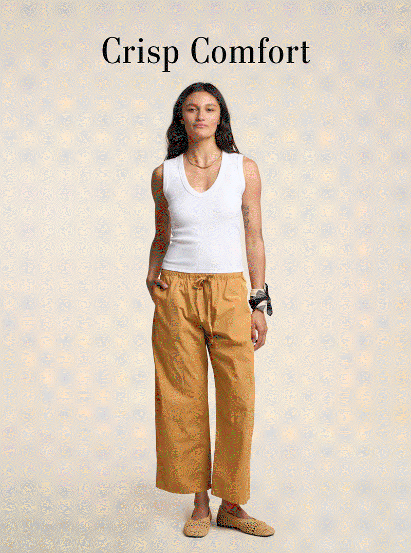 Image shows a model wearing the Miley Tee. Image shows a model wearing the Demi Tank Top. Image shows a model wearing the Belle Tank Top. Text reads: Crisp Comfort
