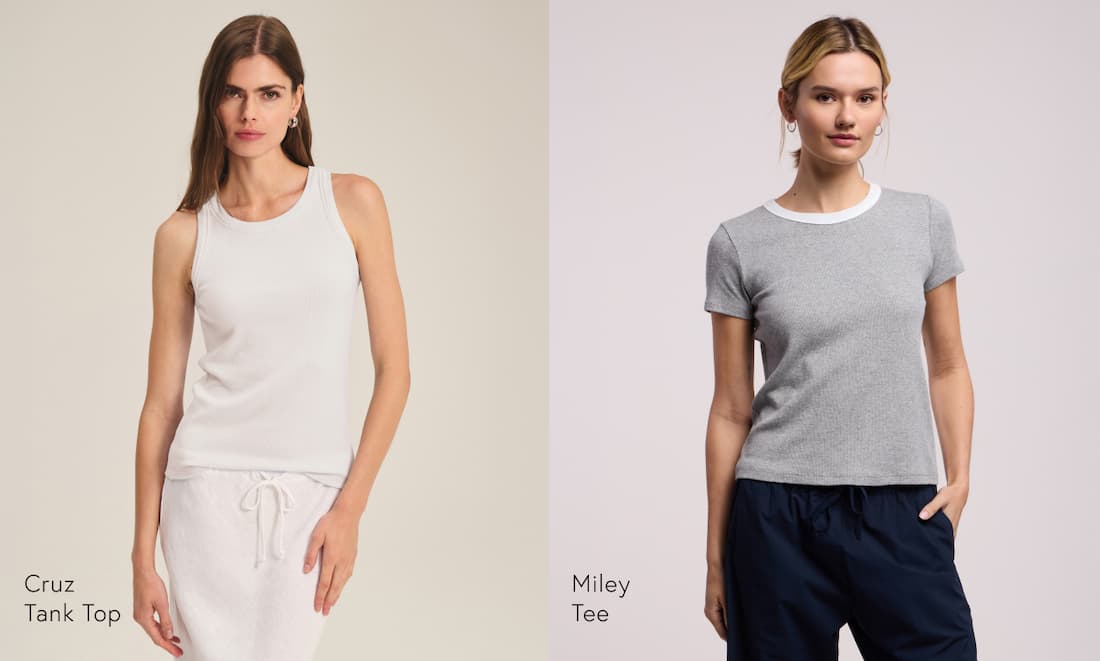 Image shows a model wearing the Cruz Top in White. Image shows a model wearing the Miley Top in Heather Grey. Text reads: Pairing Trend: Ribbed Cotton. Thoughtfully paired, cotton poplin and ribbed cotton bring out the best in one another. One offers crisp structure, the other soft texture—together creating the perfect balance.