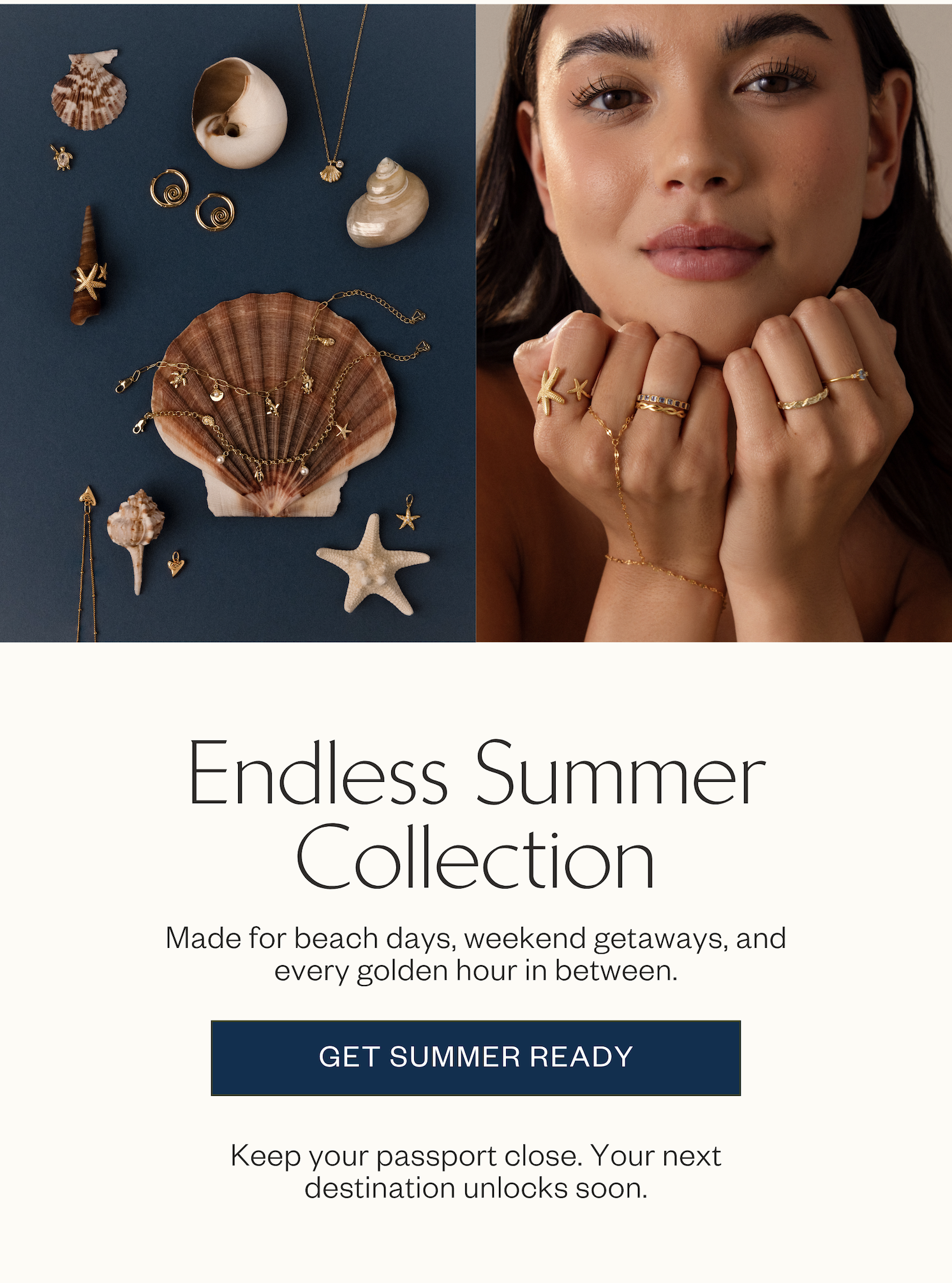 Editorial imagery showcasing the Endless Summer Collection. A coastal flat lay displays gold shell-inspired jewelry styled with seashells and starfish, paired with a model wearing layered gold rings, necklaces, and bracelets inspired by beachside summer style.