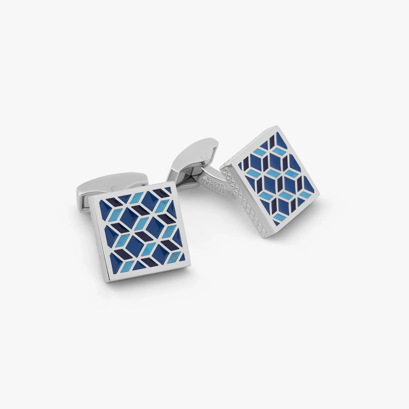 Image of Geometric Cufflinks In Palladium plated with blue enamel