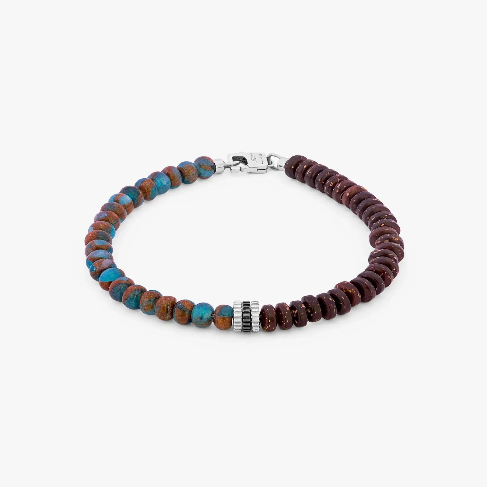 Image of Nepal Gear Trio Beaded Bracelet In Rhodium Plated Silver With Blue Jasper & Coconut Wood 