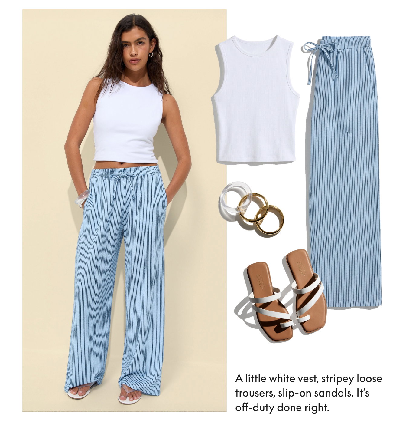 Flat brown sandals are displayed alongside a model wearing a tropical palm-print co-ord set on a sunny beach. Framed by tropical leaf illustrations, the image features the headline “Easy Separates” and promotes styling printed separates with matching sandals and accessories for a holiday-ready look.