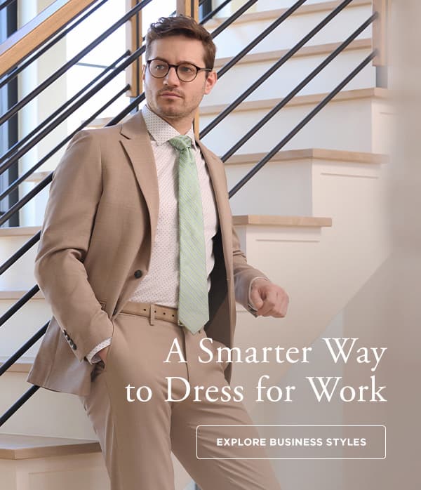 Man poses in a tan Haggar suit, text says "A Smarter Way to Dress for Work"