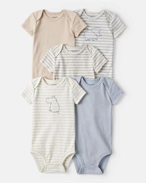 Image of Baby Boy 5-Pack Hippo Multipack Bodysuits - Brown/Blue/White