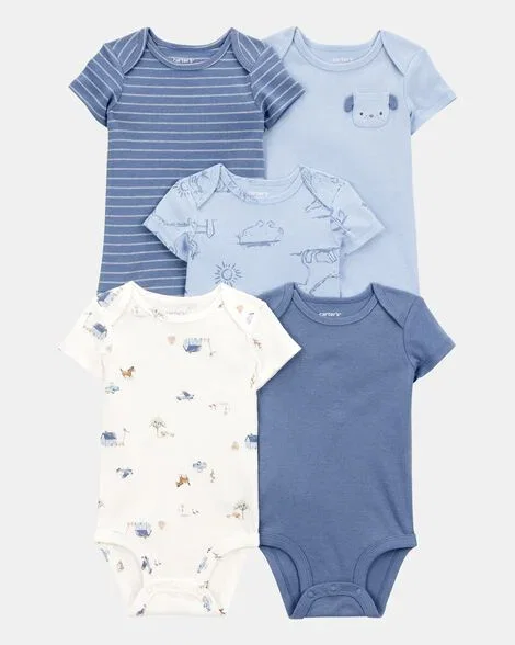 Image of Baby Boy 5-Pack Dog Short-Sleeve Cotton Bodysuits - Blue