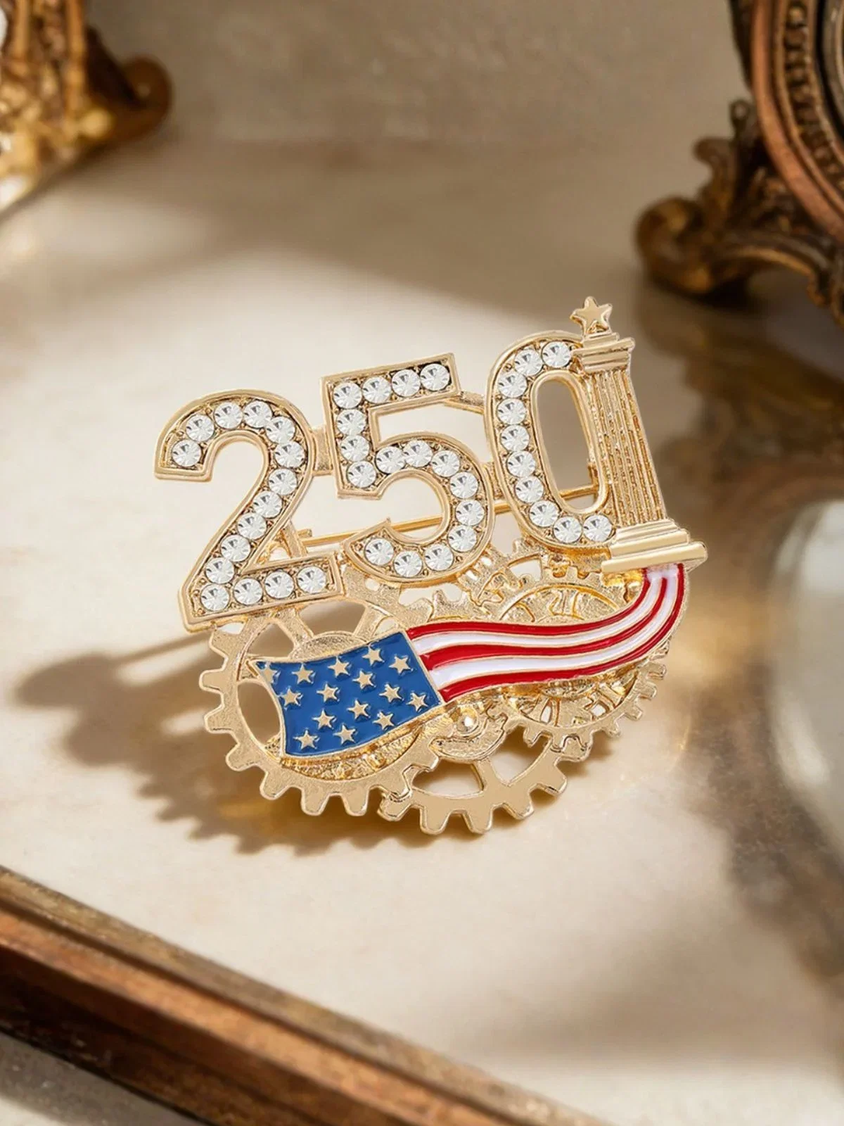 Image of USA 250th Anniversary Commemorative Brooch – Semiquincentennial Patriotic Alloy Flag Pin with Rhinestones