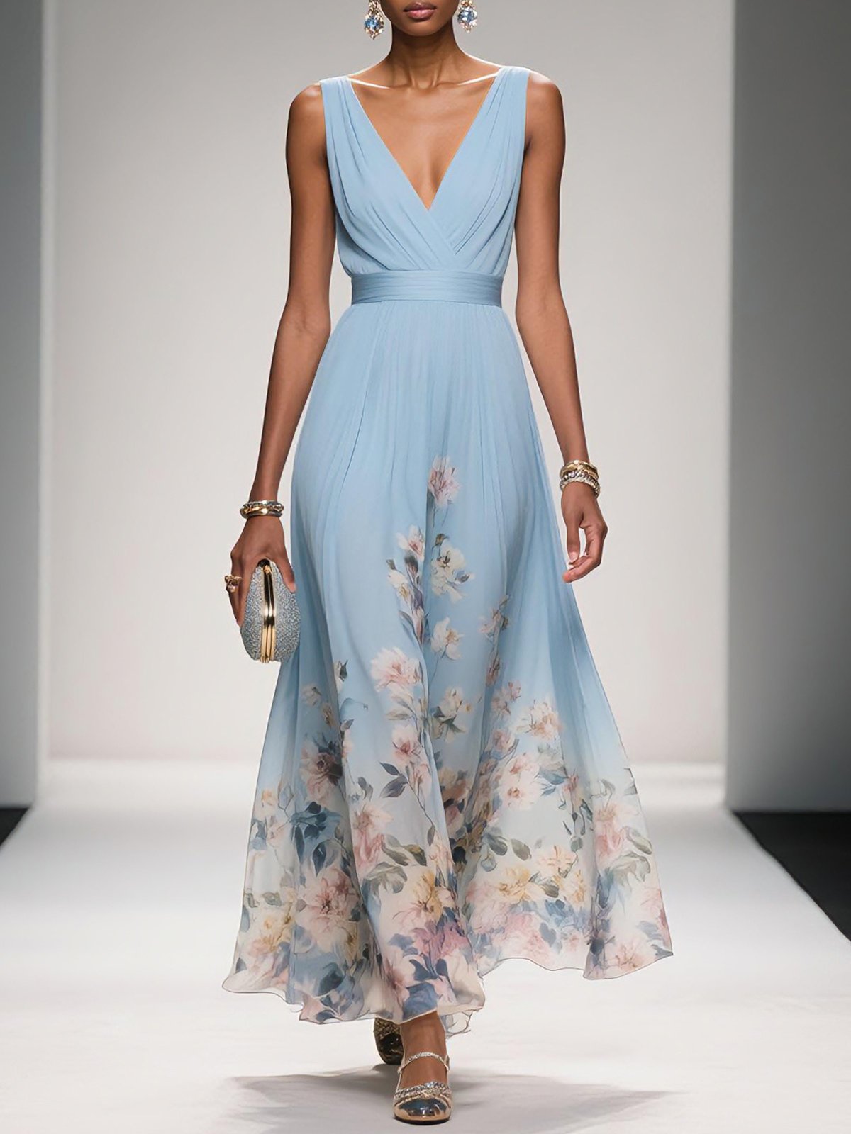 Image of Light Blue Floral Chiffon V Neck Sleeveless A-Line Maxi Dress