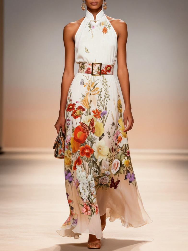 Image of Orange Floral Chiffon Halter Mock Neck Sleeveless A-Line Maxi Dress