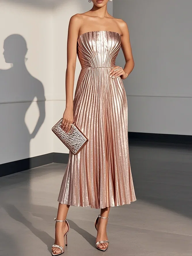 Image of Rose Gold Pink Pleated Satin Strapless Sleeveless A-Line Midi Dress