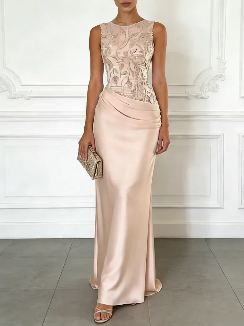 Image of Light Pink Embroidery Satin Crew Neck Sleeveless Sheath Gown Dress