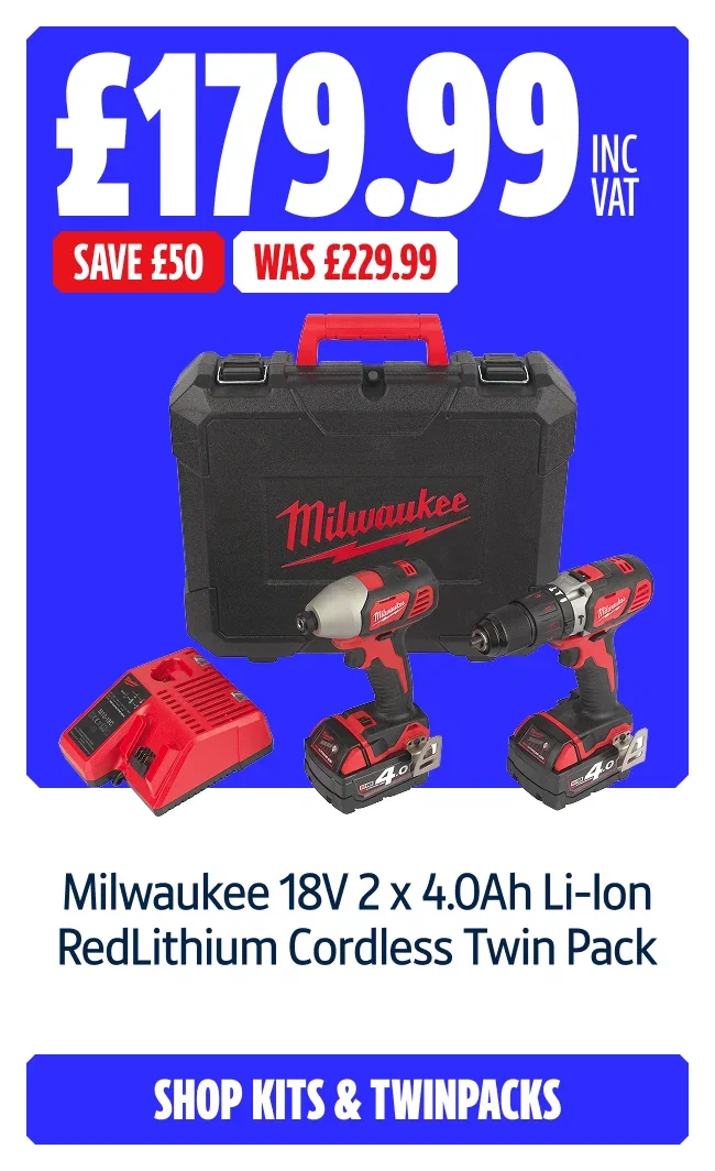 Save £50 on Milwaukee 18V 2 x 4.0Ah Li-Ion RedLithium Cordless Twin Pack. Now £179.99 INC VAT Was £229.99. Shop kits and twinpacks