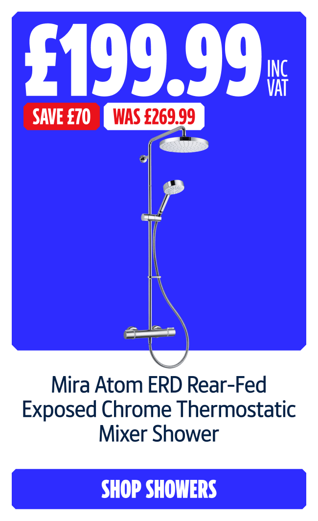 Save £70 on Mira Atom ERD Rear-Fed Exposed Chrome Thermostatic Mixer Shower. Now £199.99 INC VAT Was £269.99. Shop showers