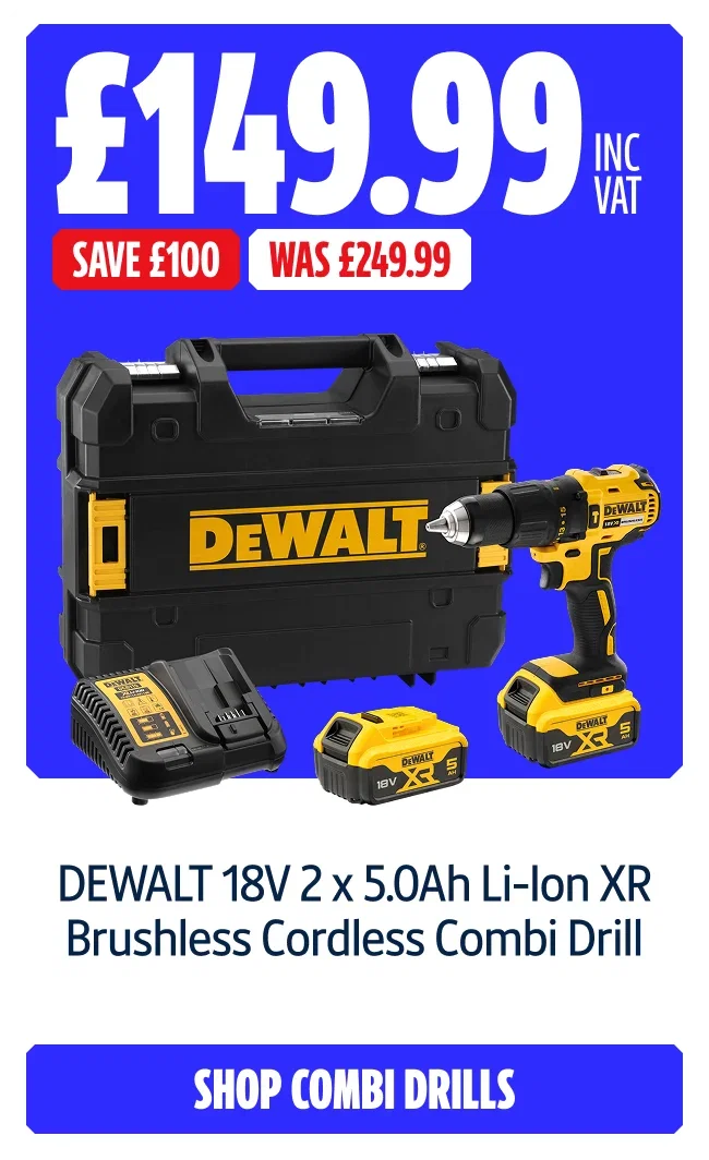 Save £100 on DEWALT 18V 2 x 5.0Ah Li-Ion XR Brushless Cordless Combi Drill. Now £149.99 INC VAT Was £249.99. Shop combi drills