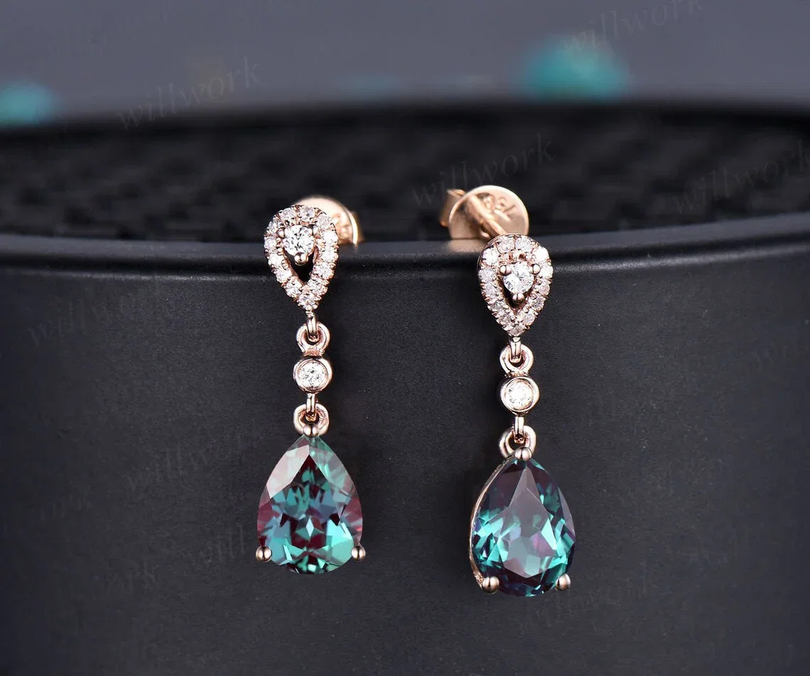 Vintage pear cut alexandrite earrings solid 14k rose gold halo diamond drop earrings women June birthstone dainty anniversary gift for her